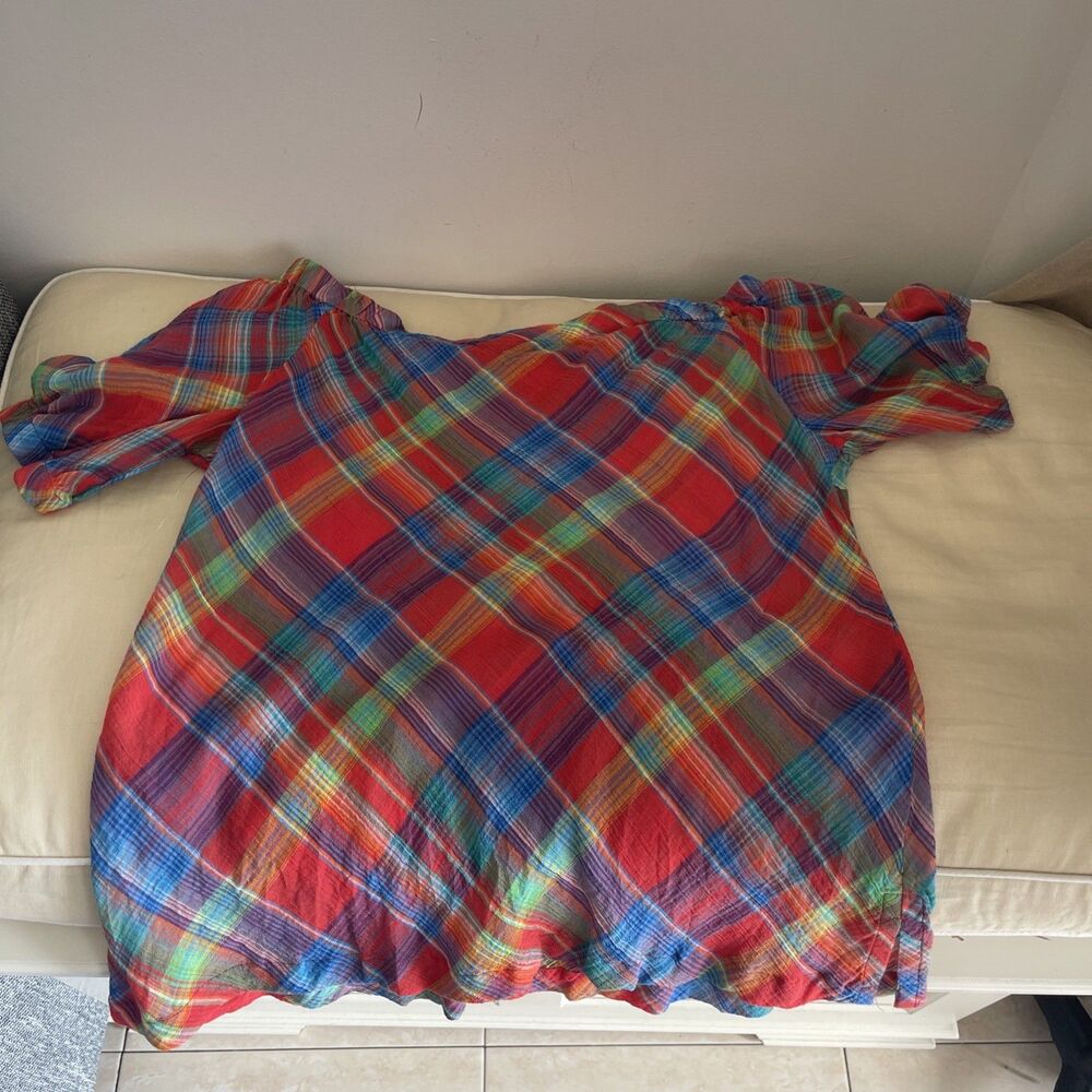 $80 LAUREN Ralph Lauren Plaid Madras Crinkle Cotton Off Shoulder Top L - Picture 8 of 9